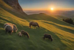A hyper-realistic ,A beautiful hill with grass all over and there are animals who are eating the grass and the hill is at the top of the mountain and beside the hill there's a sunset and the sun is huge in size, Photo Real, HOF, full size, practicality,manufacturability,performance, (((realism, realistic, realphoto, photography, portrait, realistic, elegant, charming, apocalyptic environment, professional photographer, captured with professional DSLR camera, trending on Artstation, 64k, ultra de