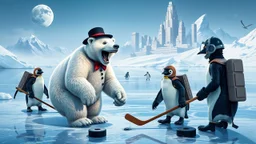 Charlie Chaplin as two unstable constable polar growlar bear on the planet of Ceres, with some penguins with hockey masks and backpacks smacking large pucks so we can see its trail, and playing hockey on frozen lake with astronauts, in front of ice megapolis