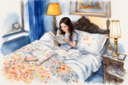 Vibrant sketch and charcoal, shiny metallic effect watercolor, white edges, egy arany-fekete pizsamát viselő kék szemű brunette lány vidáman olvas a hímzett virágos needle felt mohair ágyneműs ágyban, tiffany lámpa a kisasztalon, kandallótűz, cirmos cica fekszik a paplanon, in firelight