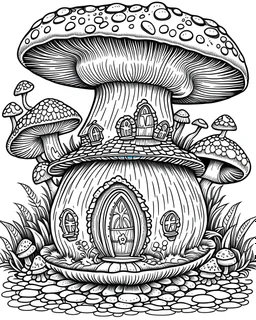 full mushroom house and some grass cartoon style on white background Coloring Book for Adults and Kids, Instant Download, Grayscale Coloring Book