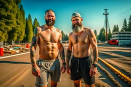 full figure shot photography of two ugly burly beefy hairy polish workers 34 years old, shirtless , tattoo ,short hair, short beard , bulge, short pants, working on a construction site in the middle of a road under the sun, look at the camera, hyper-realistic, photographic, 8K