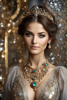 Excellent pose gorgeous photography art,cinematic realistic colors,soft blur ,natural beauty, of young woman, smiling, beautiful, shiny grey eyes, make up, Victorian iranian style, shiny baubles, ornate, large gemstones, shiny molten metalics, shiny wire filigree, brown hair, high definition,photography art