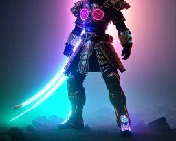 cyber samurai with cyber glowing swords, cyberpunk, full body, realistic, intricately detailed, neon lighting, vivid colors, neon, 64k