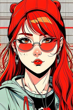japan teenager girl with red hair wearing a sporty sweatshirt and baseball cap and sunglasses with red lenses, gabriel picolo comics style, cartoon background, 80's,