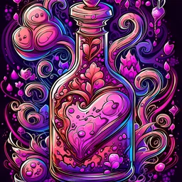 Cartoon illustration of love potion number 9 bottle sparkling, enchanted, fantasy illustration, highly detailed vintage story art style, purple tones, exaggerated, surreal