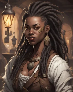 cool 30 year old african american dungeons and dragons tavern owner female with dreadloks