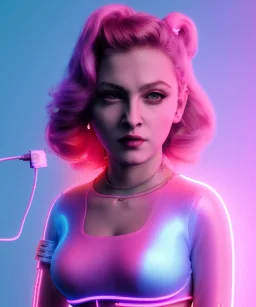 Artist, young madonna, android woman, glow iris, sweet, blonde, white skin, long eyeliner, purpurin pink cheeks, glossy lips, color leds lights, cables, short hair, circuits, cyberpunk, latex coat, cyber punk, neon, portrait, studio photo, unreal engine 5, soft color, 16 bit, god lights, ray tracing, RTX, lumen lighting, ultra deatail, volumetric lighting, 3d, finely drawn, hd.