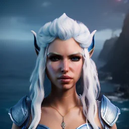 [Sea Elf] [Maormer] Hero Queen with [white hair] and [blue skin] on a ship with crew [fantasy] [realism] [Elder scrolls]