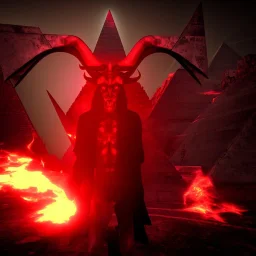 A portrait post-apocalypse of Baphomet ,pyramid,sin city,sci-fi fantasy style, volumetric lighting, particales,highly detailed,cinamatic,8k,3D,fire and black deep colours,ignore NSFW , realistic, sharp,