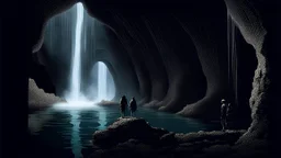two figures traversing a cliffside path, in an underground cavern with a waterfall and still lake
