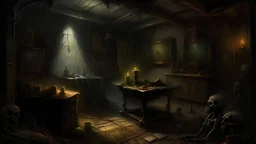 A chilling oil painting with intricate brush strokes and dark colors, depicting an eerie room filled with ancient artifacts and mysterious symbols. The shadows seem to move, hinting at a hidden presence lurking in the corners., A sense of dread and unease permeates the scene, as if something sinister is about to be revealed., A haunting atmosphere that evokes a sense of impending doom and eldritch horror