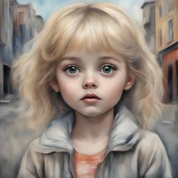 blond Little girl , grunge, loin the street ng hair, , in the style of Margaret Keane