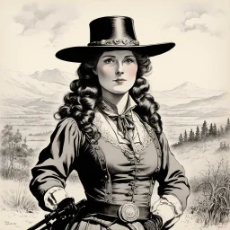 (high res photo in the style of Orion, by Masamune Shirow) Annie Oakley (1860-1926) was an American West performer and sharpshooter who became a symbol of the late nineteenth and early twentieth centuries. She was born in Ohio and started shooting at a young age, relying on her skills to support her family after her father died. Oakley rose to notoriety as a markswoman, winning a number of shooting competitions and starring in shows such as Buffalo Bill’s Wild West. She was known for her accurac