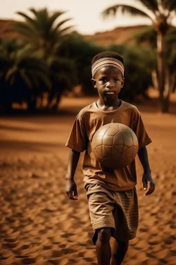 African black boy carry a football in Sahara area with some short plants