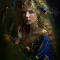 captivating conceptual portrait featuring a Swedish woman with cascading, ethereal hair and an enchanting aura. Her flowing gown is adorned with a diverse array of wildflowers, including Fireweed, Linden flower, Meadow sweet, Cornflower, St. John's wort, Stinging nettle, and Peppermint plant. Her delicate hand tenderly touches a mystical blackbird