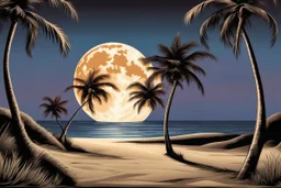 Full moon through palm trees, sandy beach, reflection in the ocean