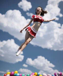 Ultra realistic speed clouds sky scene, wide angle view, cheerleader teenager falling down with many Children background, inflatable monsters, circus dress style, feather color, free jumping flying, many trinkets, hair monster, many jelly beans, balls, color smoke, smile, happy, extreme, wind, clouds sea, 20,000 feet altitude, stratosphere, soft color, highly detailed, unreal engine 5, ray tracing, RTX, lumen lighting, ultra detail, volumetric lighting, 3d, finely drawn, high definition.