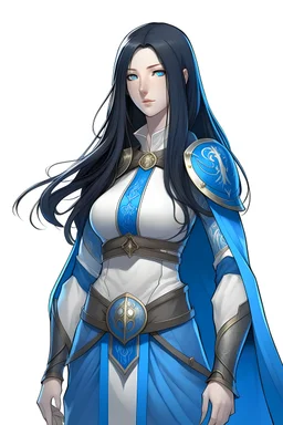 female cleric with long black hair, blue eyes wearing blue breast plate, whole body