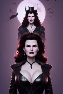 Geena Davis as evil queen in black leather, leather, busty, cleavage, angry, rage, stern look. character design by cory loftis, fenghua zhong, ryohei hase, ismail inceoglu and ruan jia. unreal engine 5, artistic lighting, highly detailed, photorealistic, fantasy