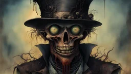 Full image, A creepy alian with scarred and rotted skin, Dripping flesh, extremely detailed bulging eyes, steampunk style top hat, dripping and splattered, Extremely high detail, realistic, fantasy art, solo, bones, masterpiece, saturated colors, tangled, ripped flesh, art by Zdzisław Beksiński, Arthur Rackham, Dariusz Zawadzki,