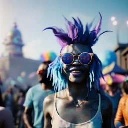 Ultra Realistic photo, medium shot view, drunken dancer women, carnival scene, monster hair, steampunk. Blue hair, confeti, Sunglasses, smile, happy, festival, red fog. highly detailed, concept art, unreal engine 5, ray tracing, RTX, lumen lighting, ultra detail, volumetric lighting, 3d, finely drawn, high definition, high resolution.