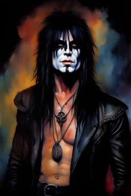 text "MOTLEY CRUE", head and shoulders portrait, Motley Crue Mick Mars - well-shaped, perfect figure, perfect face, smiling, a multicolored, watercolor stained, wall in the background, oil painting in the art style of Frank Frazetta, 4k, 8k, 32k UHD, Hyper realistic, extremely colorful, vibrant, photorealistic, realistic, sharp, highly detailed, professional quality, beautiful, awesome, majestic, superb, trending on artstation, pleasing, lovely, Cinematic, gorgeous, Life like, Highly detailed