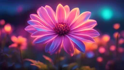 a high quality professional photo of a [(neon) radiant flower] (closeup) on a hilltop, nature, vibrant colors, surreal, dreamlike, bokeh, artistic, front view, macro photography, [trending on Instagram], landscape, glowing, magical, enchanted, digital painting, 4k