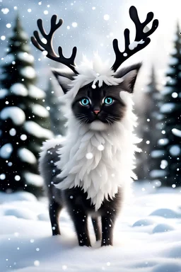 Create a white black Fluffy reindeer Mixed with a kitten in the Snow playing in the background is snowing