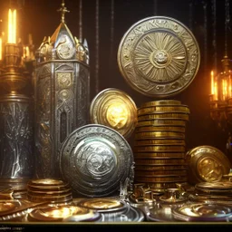 dynamic lighting, Intricately detailed, Splash screen art, deep color, Unreal Engine, volumetric lighting, silver coins, gold coins, silver treasure, stacked coins, indoors, altar, black table, sigil, shiny,