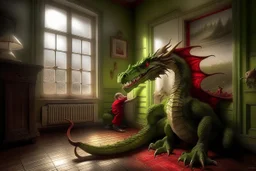 A real good dragon knocks on the wndow of a child's room, realism photographic,