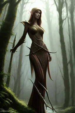 painting of a tall elven young woman with short light brune hair and freckles on the cheak bones and tall body of a topmodel light clothes, long shot, ultra realistic, concept art, intricate details, eerie, highly detailed, photorealistic, sharp focus, octane render, 8 k, unreal engine. art by artgerm and greg rutkowski and charlie bowater and magali villeneuve and alphonse mucha