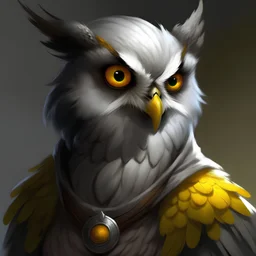 D&D character portrait, male owl human, grey feathers, yellow eyes