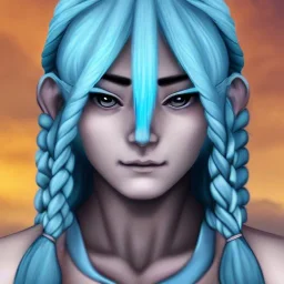 Female Air Genasi Monk with pale blue skin tone, braided white hair, grey eyes, and serene facial expression.