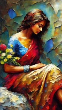 Bosch painting style "Midnight Serenade unique" low view angle shot down sunset large close up a beautiful street with colorful wild flowers on both sides , granite terrazzo motifs with puzzle modern , clothing is decorated with colorful filigree abstract, Collage chutes papiers magazines,Spirograph background by Nisa Kiley, Textile Artist،