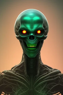 green alien, head, evil, black eyes, weapons, blood, 8k, finely detailed, photo realistic, HR Giger style turquoise skull head red Mohak alien