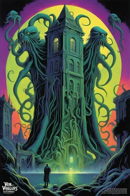 Weird Tales Magazine cover, Lovecraft's "Cthulhu towers dreaming over White House", by Michael Whelan, by Pete Von Sholly, by Lee Brown Coye, colorful modern horror comic, sinister-looking nightmare background, Whelan's visceral twisted style, eerie, scary, dark colors, dramatic, Uv reactive blacklight effects