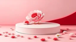 Mockup Empty White Podium With Floral Peonies Flower Pink And Red Falling On The Floor With Pink Pastel Background 3d Render