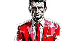 Create a compelling image featuring a man in a red suit with a stoic expression against a white background. Specify a hand-drawn, childish and harsh style with bold strokes, emphasizing the subject's demeanor. Ensure the composition captures the essence of the stoic expression, creating a visually striking and impactful scene through the use of hand-drawn strokes.