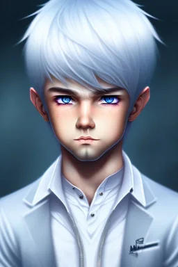 Shota, cute, portrait, white hair, blue eyes, shy