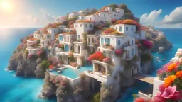 Breathtaking Greek island landscape, crystal azure waters, sunny sky, balkonies with colorful flowers, highly detailed, hyper elaborated, cinematic, 16k,