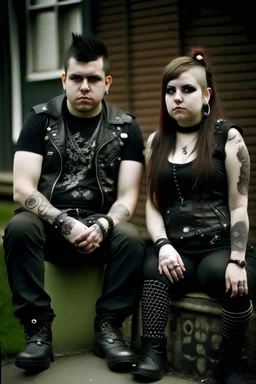 young 33 year old chubby tatood girl and a 25 years old boy, dressed in gothpunk clothing and boots,