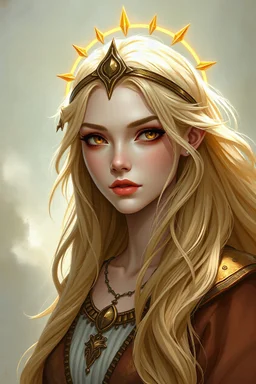 portrait art of a summer arcana cleric eladrin with hazel eyes, blonde hair, solar headpiece, pale skinned with voluminous hair