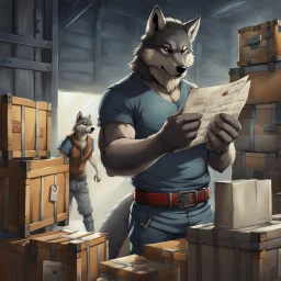 a chubby anthropomorphic wolf-man wearing t-shirt pants and red belt around his waist looking at several item lists in his paws in a large warehouse, around some boxes and wooden crate, an another anthropomorphic wolf-man just half visible in the doorway as he looks at him, detailed, realistic, sci-fi, anthro mood, fantasy