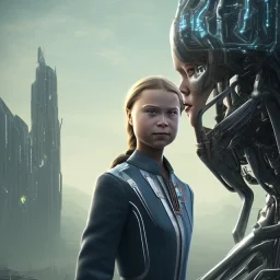  Greta Thunberg portrait in post-apocalypse cyborgs in a cyberpunk city, sci-fi fantasy style, 8k, dark