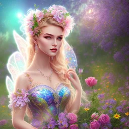 bright fairy, beautiful portrait, flowery landscape