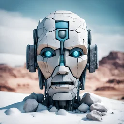 a robot face, made of stone, cold snowy desert background, cool colors
