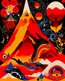 A red fiery volcano designed in Mehndi design painted by Wassily Kandinsky