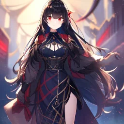 Clear focus, high resolution, black long fluffy hair, red eyes, wearing a cute outfit