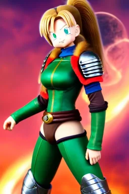 In the style of Toriyama, hyper detailed, strikingly beautiful teen female, 16 years old, long ponytail, ginger hair, green eyes, medium freckles, full lips, micro top, black leather armour lined with fur, full body, full face, tiny breasts, athletic, centred camera, ignore NSFW, thong, camel toe, athletic