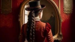 woman seen from behind from the waist up with braid and top hat, on a reddish wall with a hanging and turned mirror with a gold frame